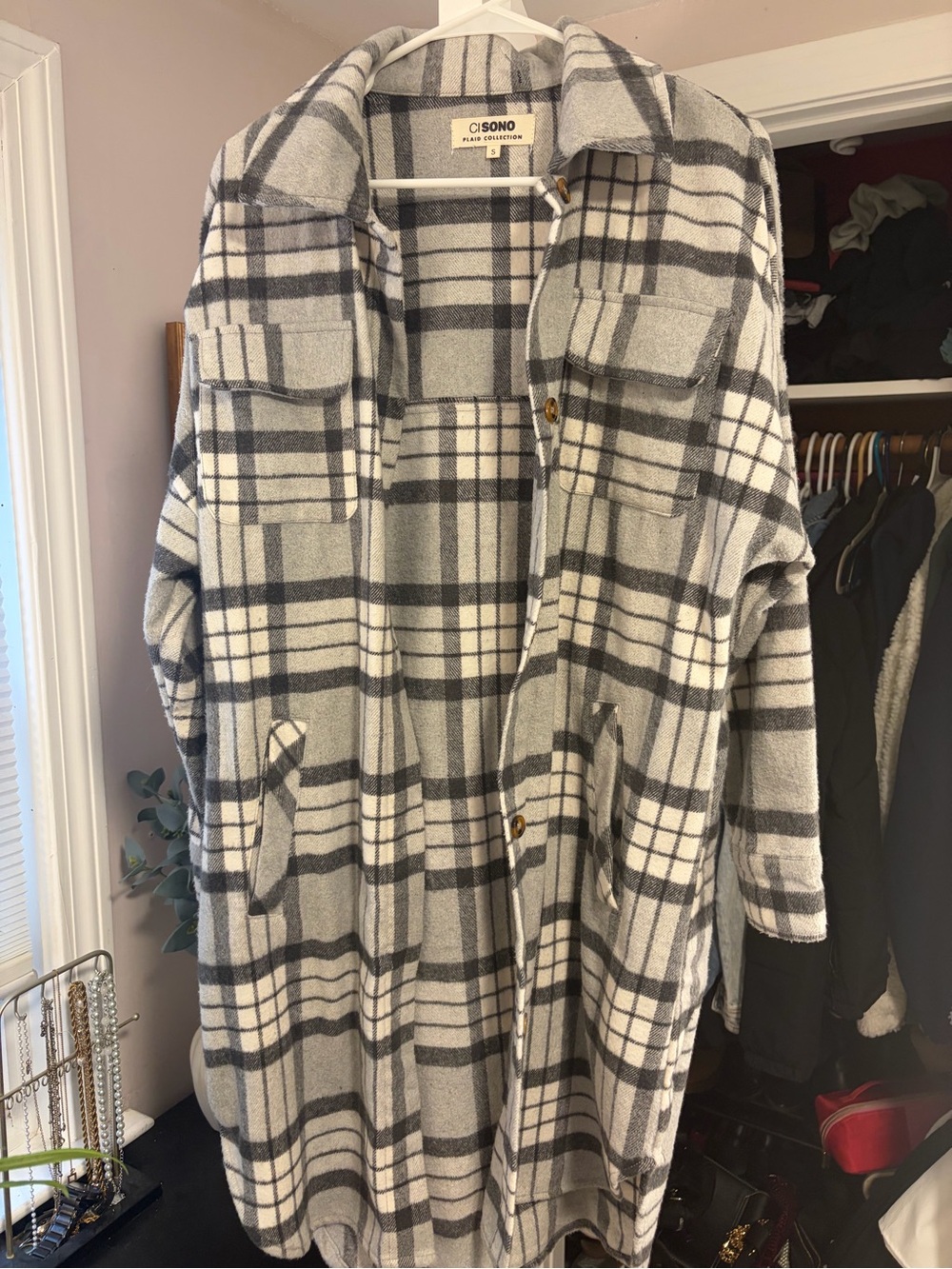 Ci Sono Gray & White Plaid Long Coat